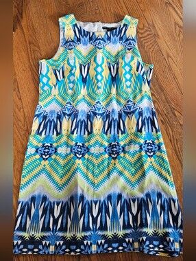 Women's Sleeveless Geometric Print Dress - Blue & Yellow Maggie London Size 14